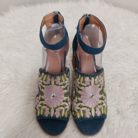 Dolce Mojo Moxy Denim Floral Boho Embroidered Heeled Sandals Shoes Open Toe 10M - Picture 2 of 10